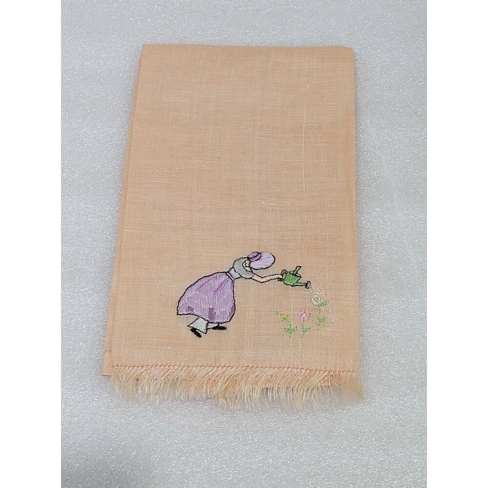 Vintage Linen Tea Towel Guest Orange Embroidered Girl Watering Flowers Fringe